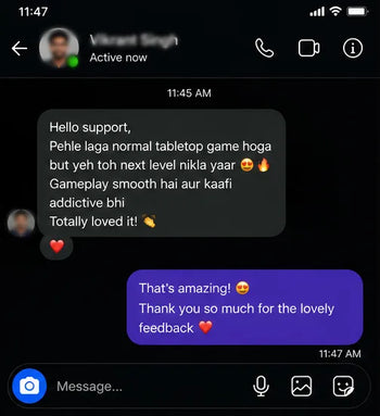 Text message conversation on a smartphone app with user feedback and response to Toujoo Football Club Game Review 2