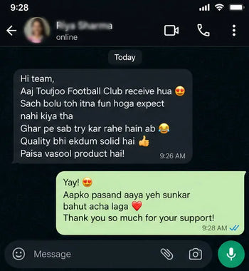 Text message conversation on a smartphone app with user feedback and response to Toujoo Football Club Game Review 4