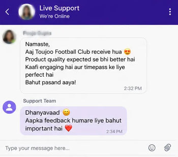 Text message conversation on a smartphone app with user feedback and response to Toujoo Football Club Game Review 5