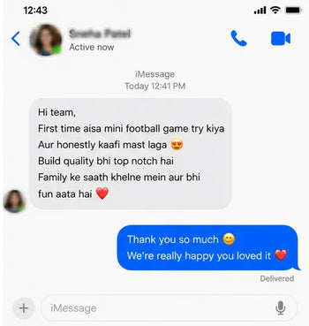 Text message conversation on a smartphone app with user feedback and response to Toujoo Football Club Game Review 6