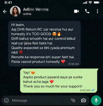 Text message conversation on a smartphone app with user feedback and response to Toujoo Drift Return RC Car Review 
