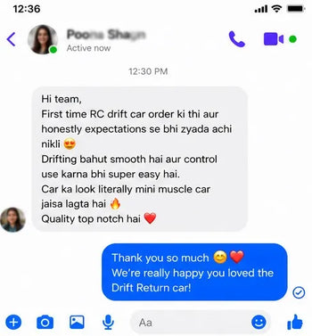 Text message conversation on a smartphone app with user feedback and response to Toujoo Drift Return RC Car Review 3