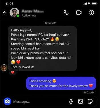 Text message conversation on a smartphone app with user feedback and response to Toujoo Drift Return RC Car Review 4