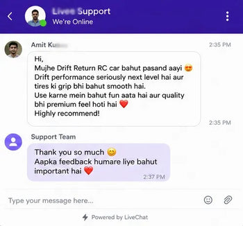 Text message conversation on a smartphone app with user feedback and response to Toujoo Drift Return RC Car Review 5
