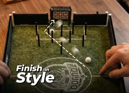 Tabletop game Toujoo Football Club with players' hands interacting on a wooden surface